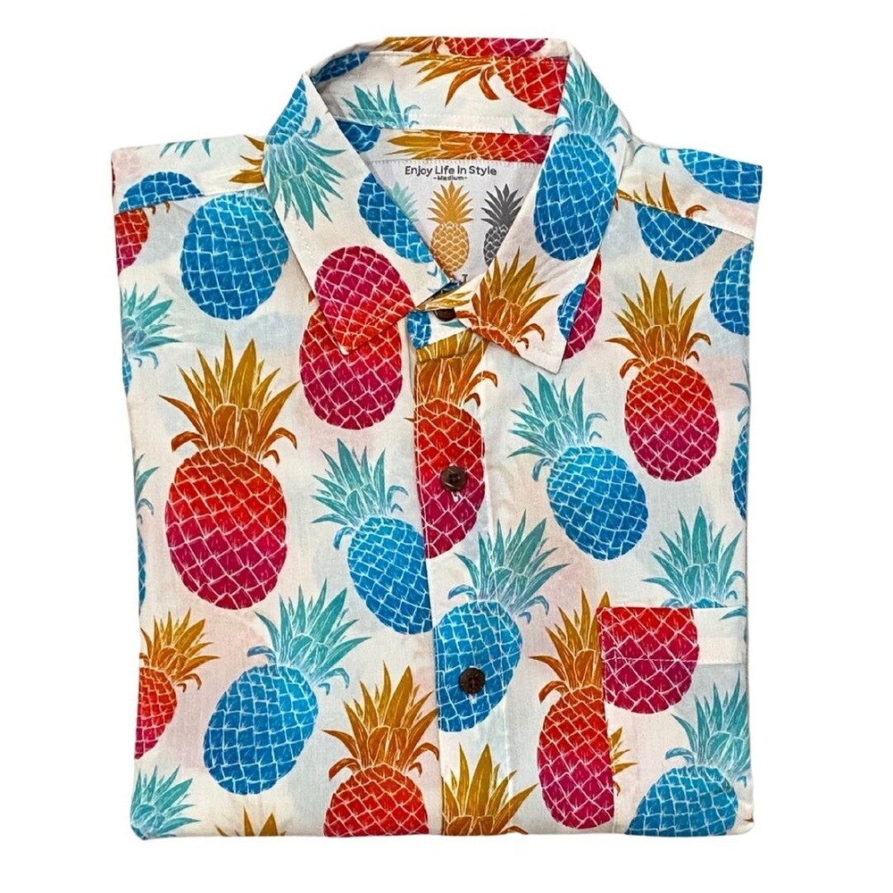 Tropical Bros Mens Large Pineapple Print Short Sleeve Button Down Shirt NWT